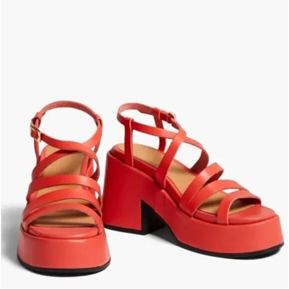GANNI Y2K Strappy Chunky Platform Leather Block Heel Sandals Papaya Orange Coral